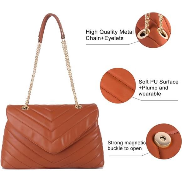 Brown Sleek Adjustable Chain Strap Quilted Crossbody Purse - Picture 5 of 7